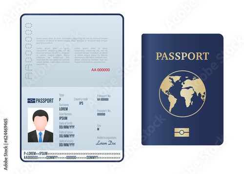 Blank open passport template. Foreign passport with a sample of personal data. Document for travel and immigration. Passport pages with sample data, photograph and signature. Vector illustration
