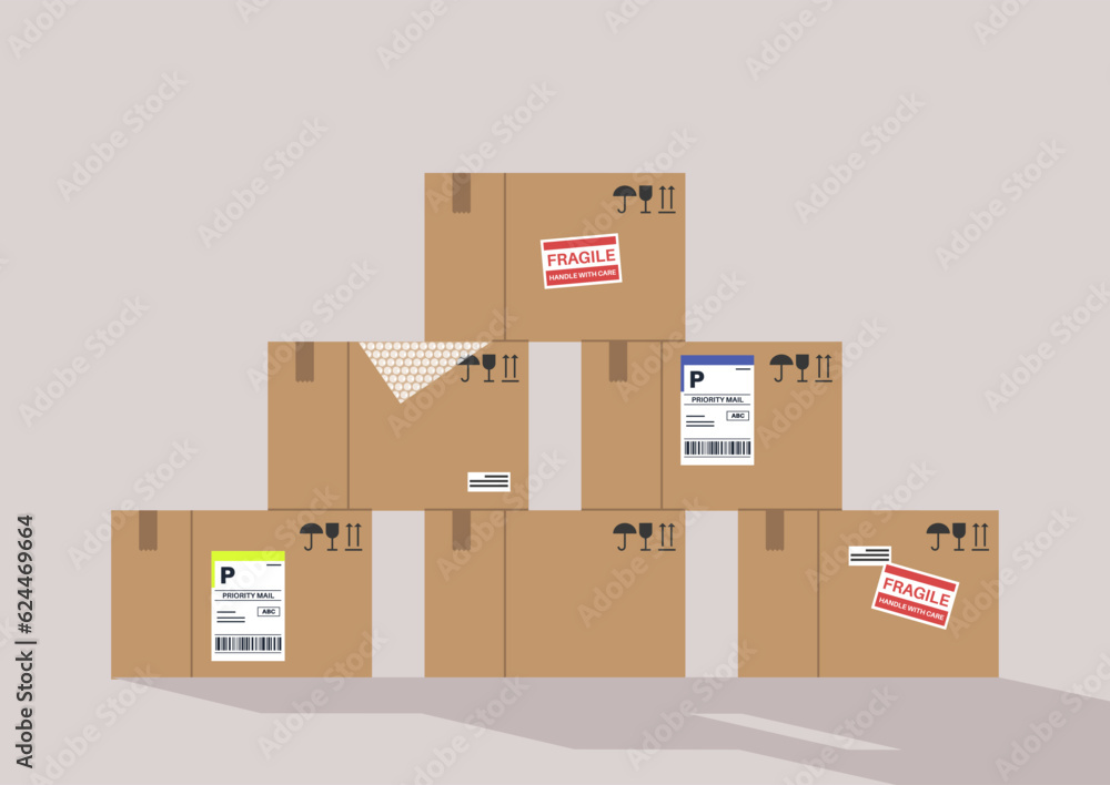 A stack of cardboard boxes with labels ready to shipping, a delivery company A stack of cardboard boxes with labels ready to shipping, a delivery company