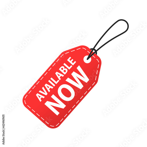 Available now label, badge, coupon, print or flat vector icon for apps and websites. Isolated on white background. Vector illustration