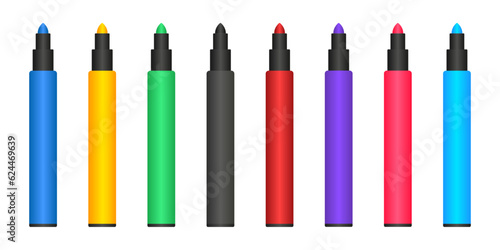 Colored markers with black body and lid realistic set. Open felt or fibre-tip, highlighter pens. Office stationery templates collection. Vector markers. Vector illustration