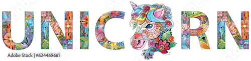 Word UNICORN. Vector decorative zentangle object. Hand-painted art design