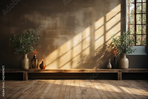 Fototapeta Mur vide marron et sol en bois avec un reflet intéressant provenant de la fenêtre