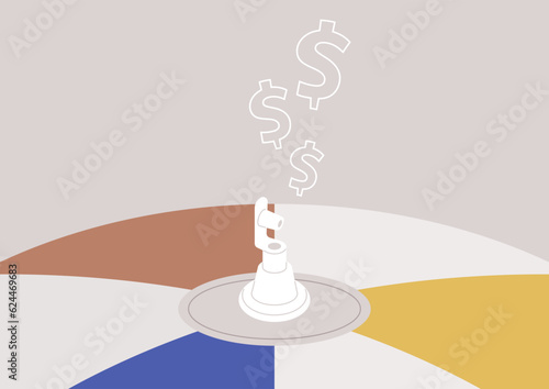 Deflation concept, a beach ball blowing out dollar signs through the inflation valve
