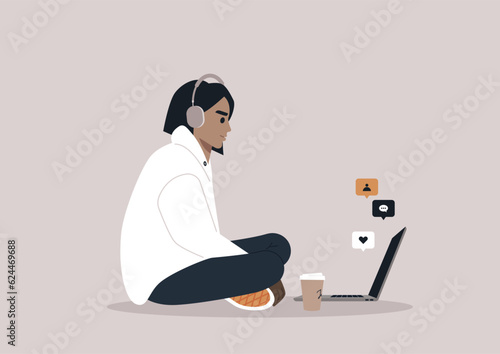 Video call conference, home office, a character in big headphones working remotely on their laptop, social media notifications popping up