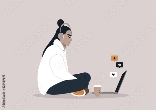 Video call conference, home office, a character in big headphones working remotely on their laptop, social media notifications popping up