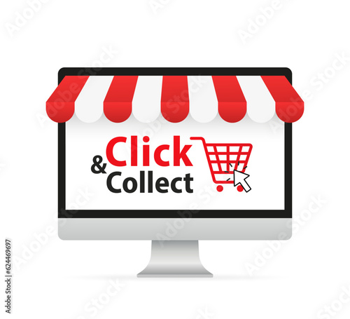 Click collect. The mouse cursor clicks on the button. Internet online shopping concept on the Сomputer screen with awning. Vector illustration