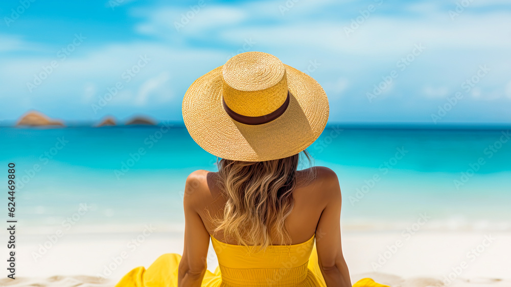 Girl wearing straw hat relaxing at tropical sandy beach by the ocean. Summer vibes .Generative Ai