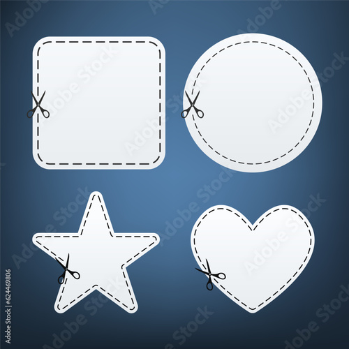 Blank white promotional coupon cut out of a sheet of paper for paper sticker, tag, banner. Cutout line icon for sale, discount. Cutoff rectangle frame and circle of voucher. Vector illustration