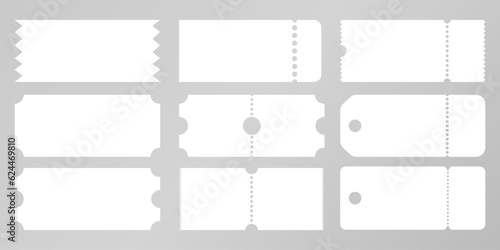 Blank or empty ticket template set. Cinema, theater, concert and boarding tickets. Discount and sales coupons. Isolated on transparent background. Vector illustrationPrint