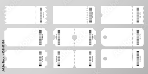 Blank ticket mockup. White tickets with barcodes, empty coupon and admit one ticket template vector set. Vouchers with tear off elements. Qr codes, identification. Control pass. Vector illustration