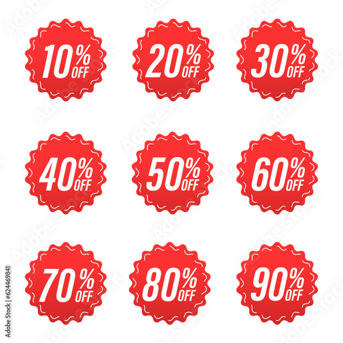 10%, 20%, 30%, 40%, 50%, 60%, 70%, 80%, 90%. Sale tags set vector badges template. Sale offer price sign. Special offer symbol. Discount promotion sticker. Discount badge shape. Vector illustration