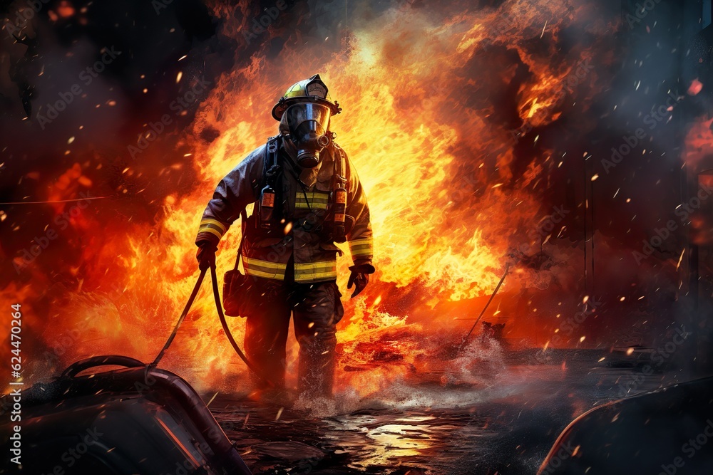 fireman using water and extinguisher to fighting with fire flame in an emergency situation., under danger situation all firemen wearing fire fighter suit for safety. digital art | Generative AI