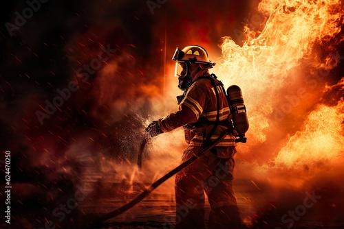 fireman using water and extinguisher to fighting with fire flame in an emergency situation., under danger situation all firemen wearing fire fighter suit for safety. digital art | Generative AI