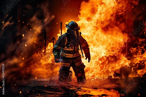 fireman using water and extinguisher to fighting with fire flame in an emergency situation.  under danger situation all firemen wearing fire fighter suit for safety. digital art   Generative AI