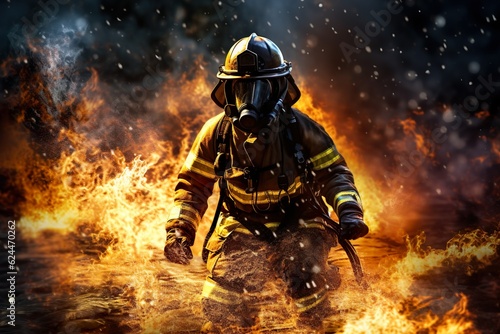 fireman using water and extinguisher to fighting with fire flame in an emergency situation., under danger situation all firemen wearing fire fighter suit for safety. digital art | Generative AI