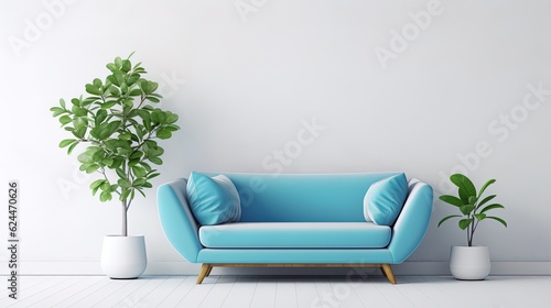 Living room with a blue sofa, plant, and table, generated by AI