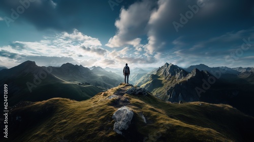 Hiker admiring stunning view from mountain summit, with silhouette cliffs and valley landscape