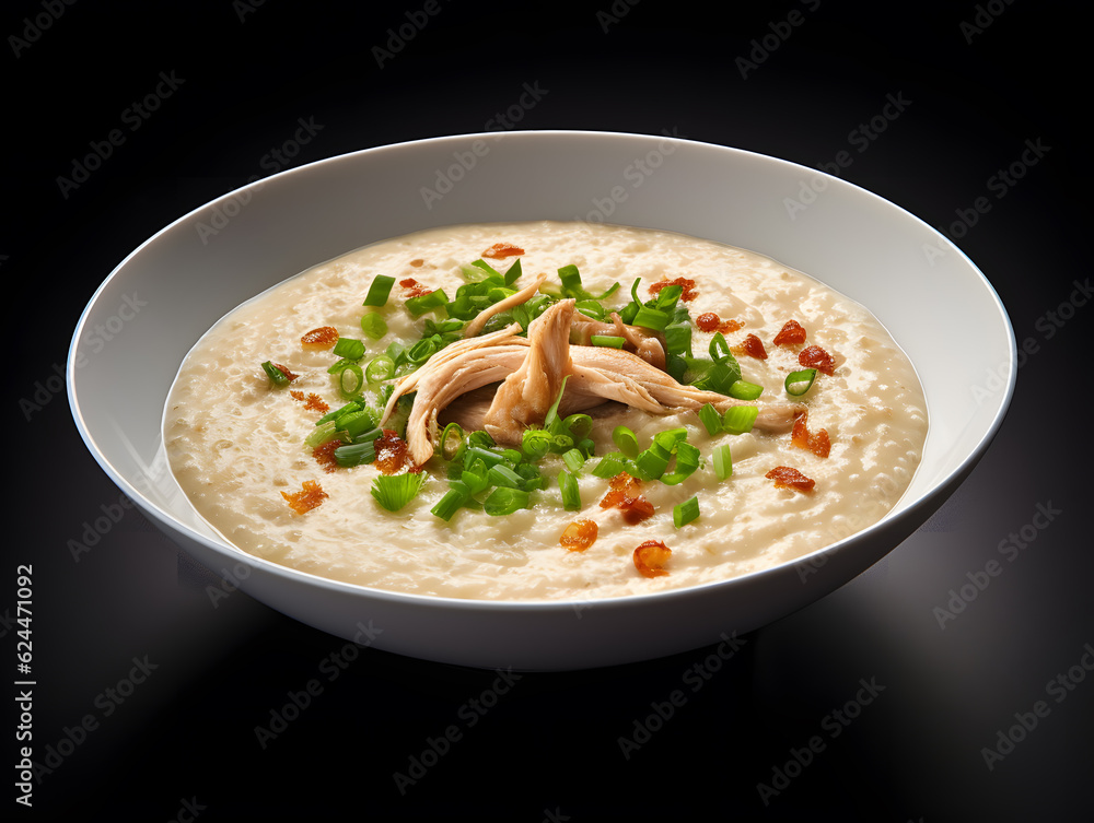 Bubur ayam or chicken congee is Indonesian rice porridge topped with shredded chicken and various savoury condiments