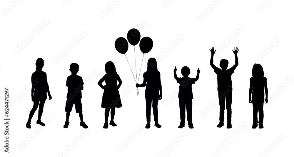 Black silhouettes kids different poses standing in row vector.