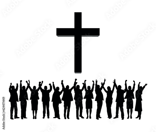 Group of christian people raising hands worship giant cross crucifix vector silhouette.