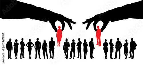 Two giant hands picking up up a businesswoman from large group of people crowd silhouette. Business recruitment metaphor symbol vector silhouette.