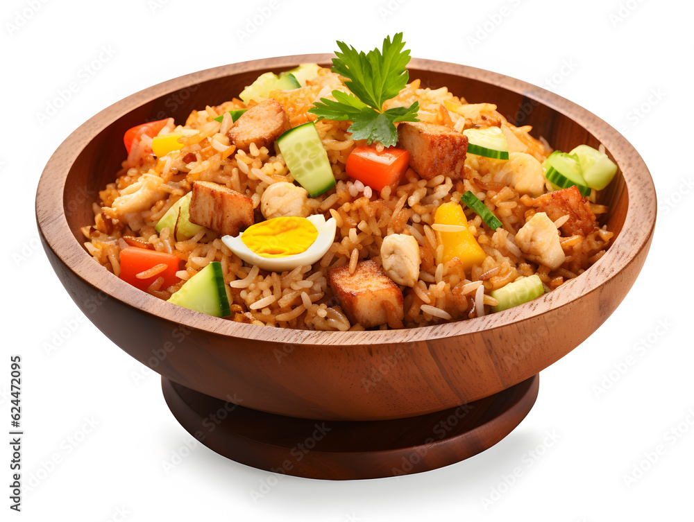 Asian fried rice with chicken, egg and vegetables on isolated white background Asian fried rice with chicken, egg and vegetables on isolated white background