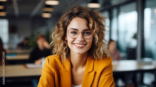 Photo of beautiful happy woman looking at camera while sitting at office. Created with generative ai.