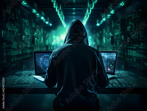 Cyber security concept. Cyber crime hacker with laptop. Abstract binary code digital interface.