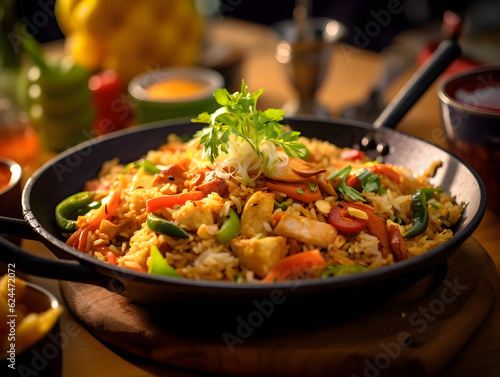 Asian fried rice with chicken and vegetables