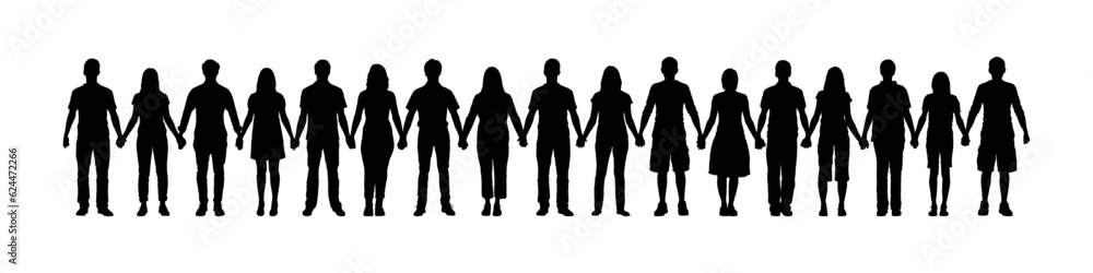 People different ages holding hands together vector silhouette. Human people chain black silhouettes set. People different ages holding hands together vector silhouette. Human people chain black silhouettes set.