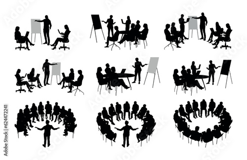 Business people meeting vector black silhouettes set collection.