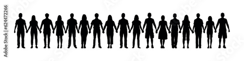 People different ages holding hands together vector silhouette. Human people chain black silhouettes set.