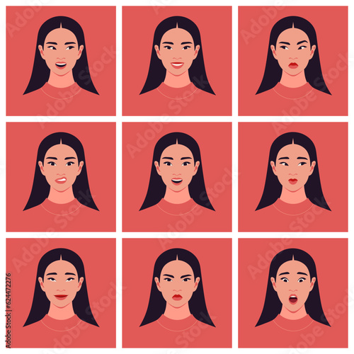 A set of Asian female faces. Various emotions and feelings. Collections of portraits. Vector flat illustration