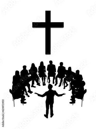 Christian priest gives sermon in front of christian people indoor in church with giant cross vector silhouette set.