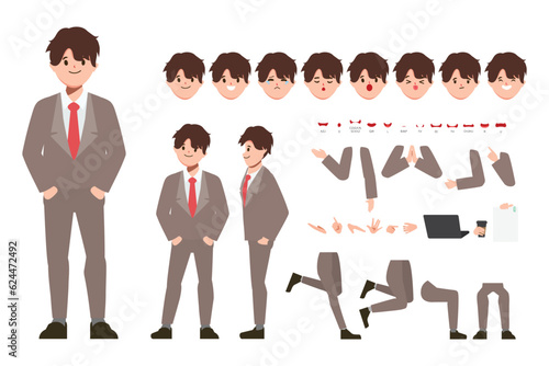 Cartoon character with businessman in casual wear for animation. Front, side, behaviour character. Separate parts of body. Flat vector illustration.