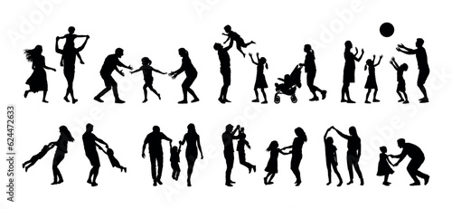 Parents playing with their kids children outdoors silhouette set.