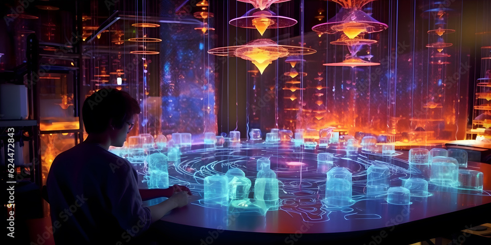 Quantum entanglement experiment, A scientist in a high-tech laboratory observes entangled particles generating intricate patterns of light Quantum entanglement experiment, A scientist in a high-tech laboratory observes entangled particles generating intricate patterns of light