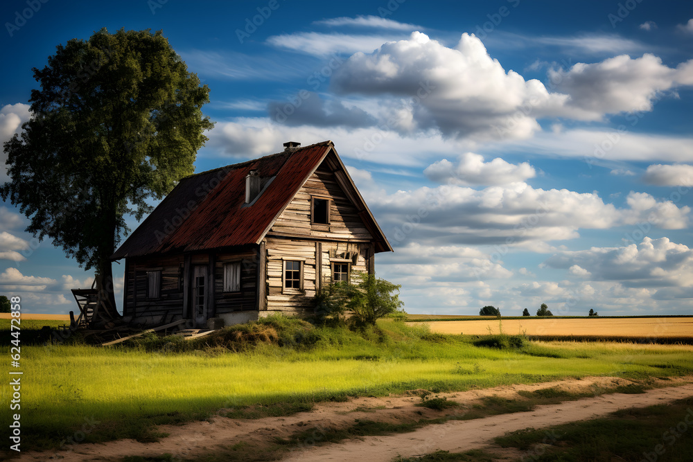 Rustic Charm. Old Wooden Farmhouse in a Picturesque Countryside