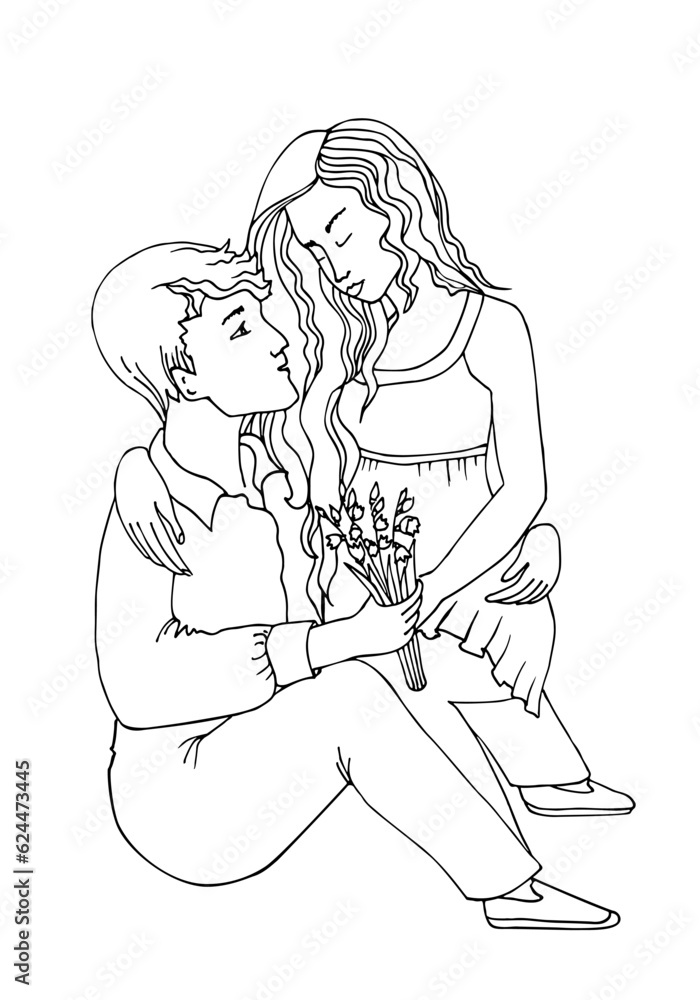 Couple sitting together. Woman and man. Coloring page. Sketch line vector illustration. Couple sitting together. Woman and man. Coloring page. Sketch line vector illustration.