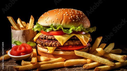 Satisfy your cravings with this mouthwatering image of a juicy burger and crispy fries. Generative ai.