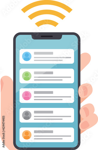 SNS風の画面が表示されているスマホ