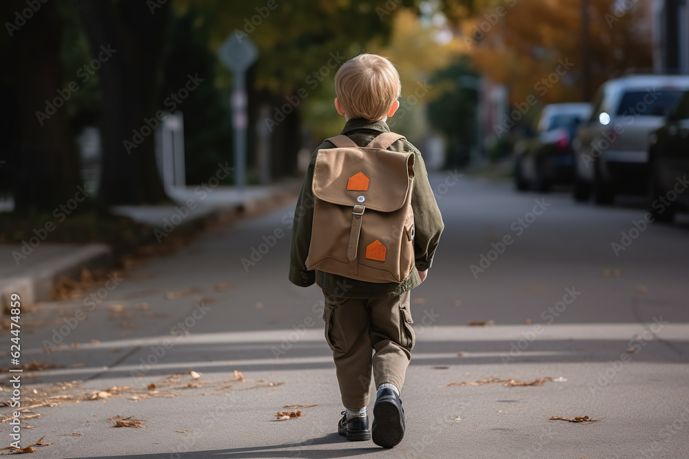Fototapeta premium Child with school bag on the way to school. Generative AI