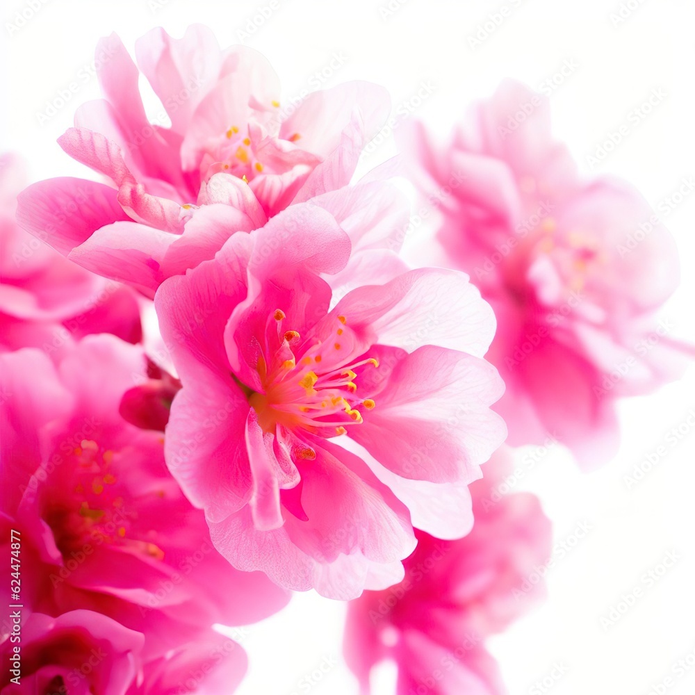 Bright pink cherry tree flowers on white isolated background close up