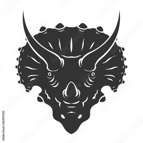 Triceratops head with formidable horns and hood. Herbivore strong dinosaur Jurassic period. Big lizard. Vector illustration isolated on white background. Black silhouette. Design logo, emblem