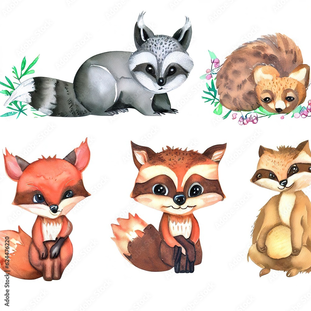 Watercolor set of forest cartoon isolated cute baby fox, deer, raccoon and owl animal with flowers. Nursery woodland illustration