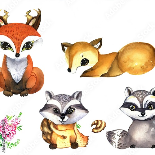 Watercolor set of forest cartoon isolated cute baby fox, deer, raccoon and owl animal with flowers. Nursery woodland illustration