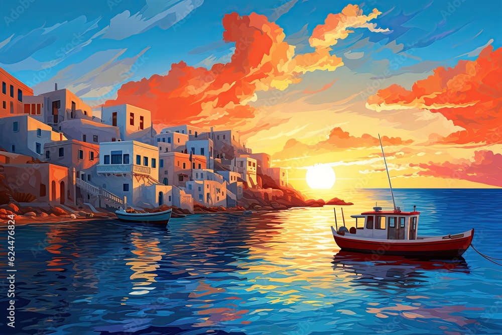 Fishing boats at Greek island at sunset. Artwork poster design. Generative Ai illustration