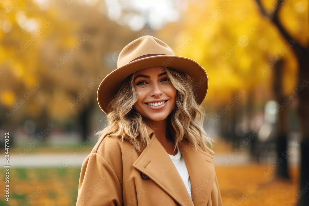Woman dresses in coat and hat outside in autumn day, AI Generated