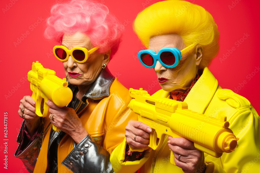 Two old women with colorful hair in colorful outfits holding water guns. Generative AI