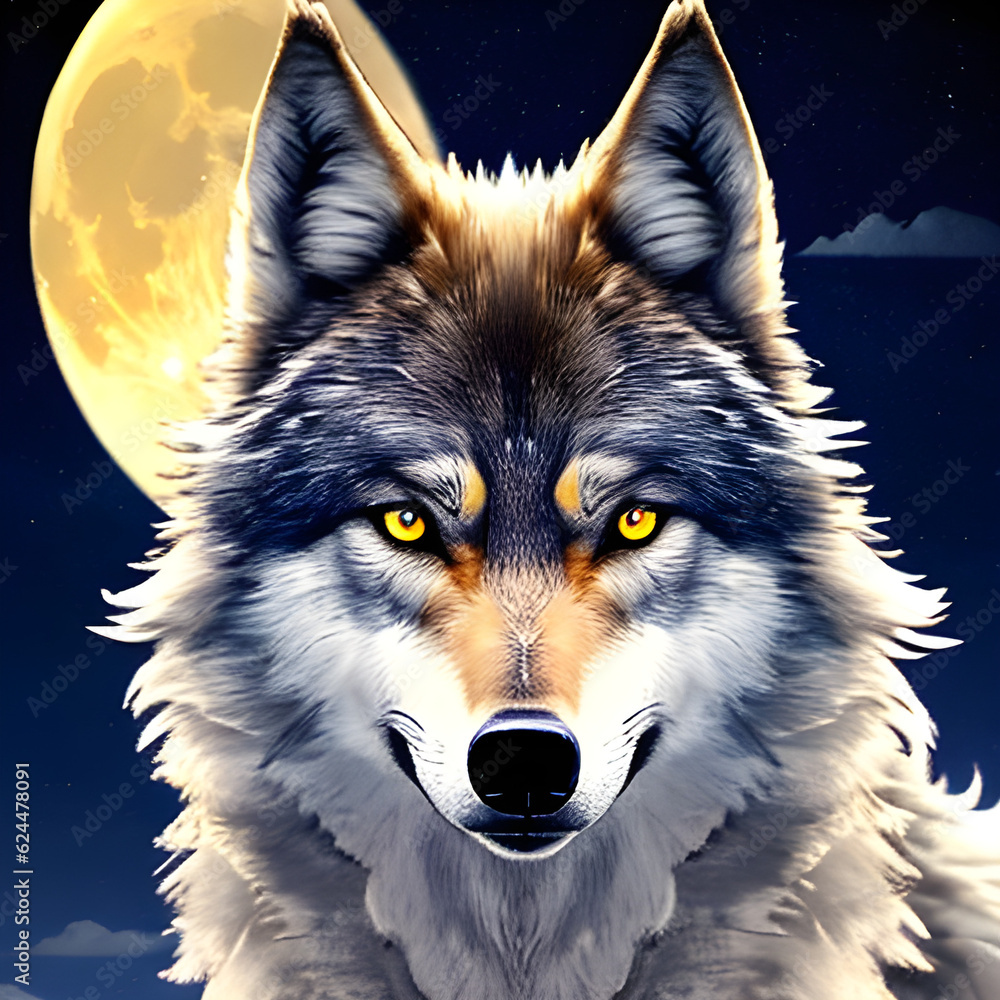 A handsome male wolf standing staring in the front with sharp eyes the background is dark with a night A handsome male wolf standing staring in the front with sharp eyes the background is dark with a night